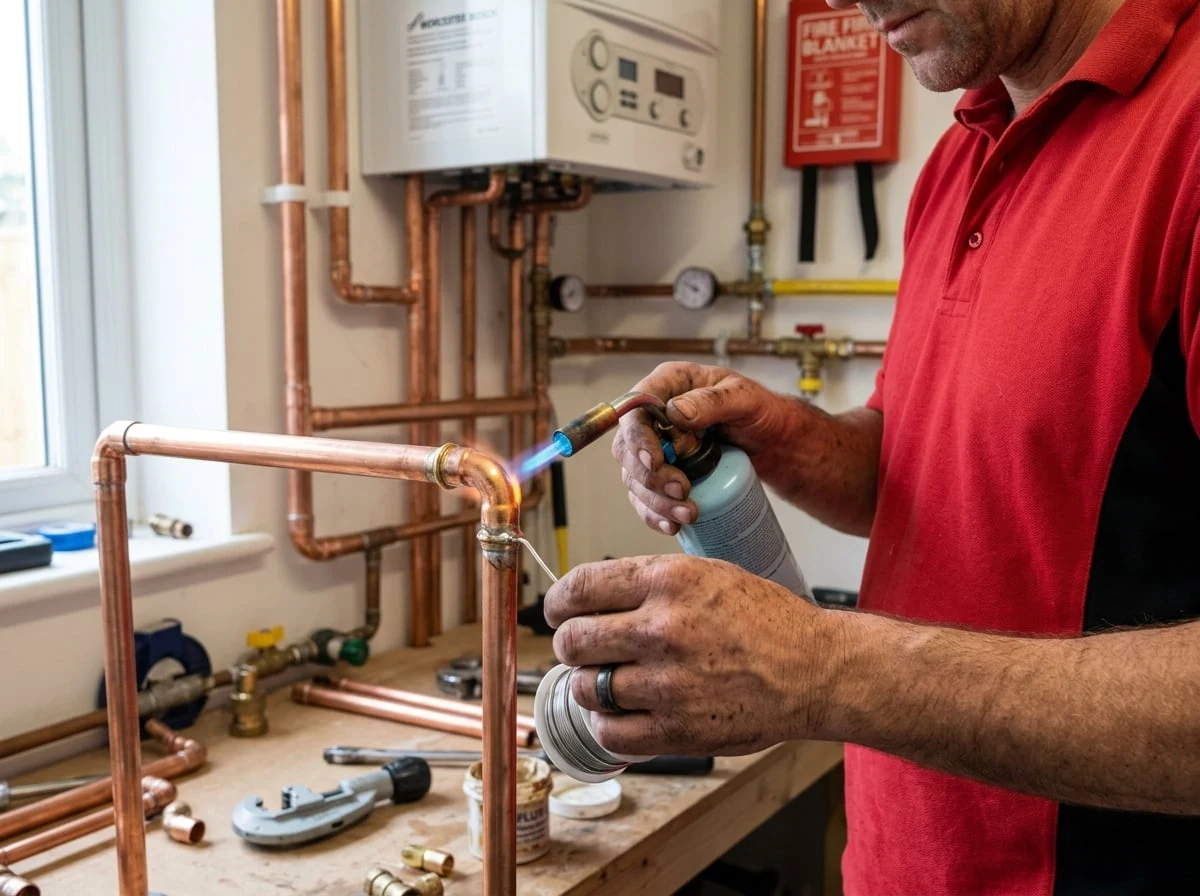 Battersea Plumbers 247 engineer soldering copper pipe fittings for a new boiler installation in Battersea
