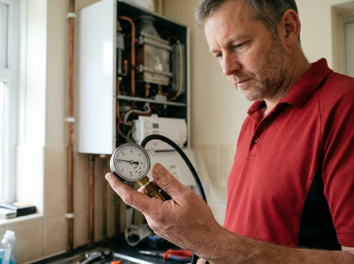 Battersea Plumbers 247 engineer checking boiler pressure with a gauge during a boiler repair in Battersea